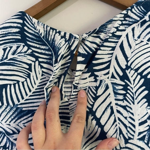[AK] Women's Blue & White Palm Leaf Print Keyhole Linen Sleeveless Dress - Picture 6 of 6